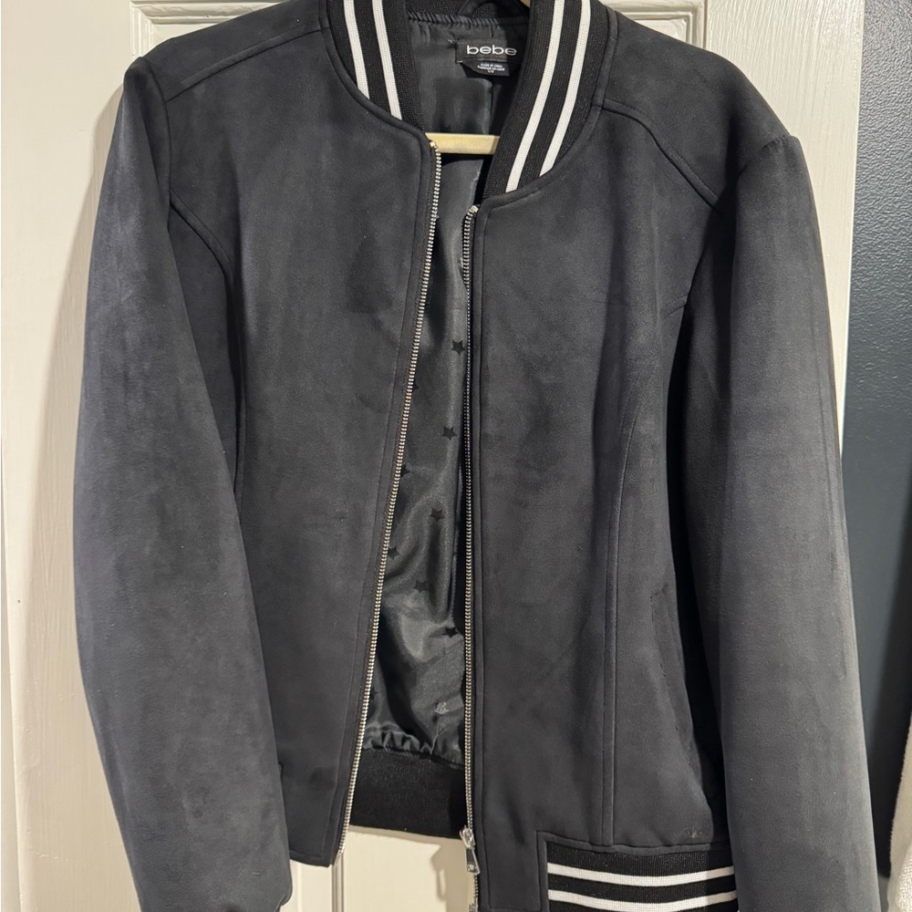 Bebe Black Bomber Jacket with Striped Trim